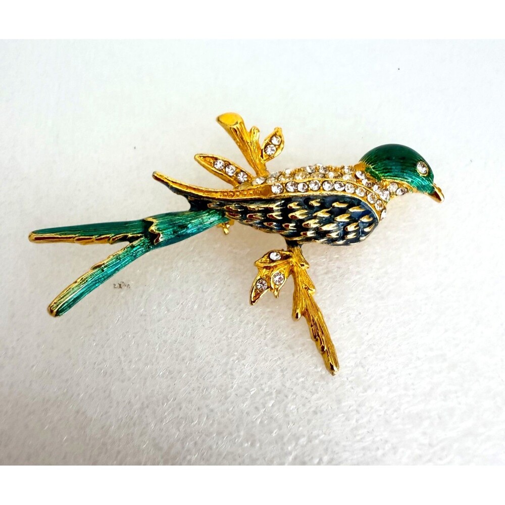 Vintage 1980s Enamel Swallow Bird Pin Gold Tone Rhinestone Branch Brooch Descri